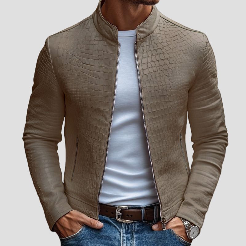 Nolan | Fashion Stone Pattern Stand Collar Slim Fit Leather Jacket