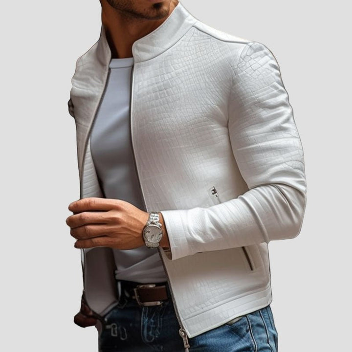 Nolan | Fashion Stone Pattern Stand Collar Slim Fit Leather Jacket