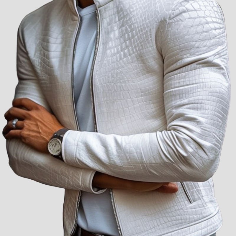 Nolan | Fashion Stone Pattern Stand Collar Slim Fit Leather Jacket