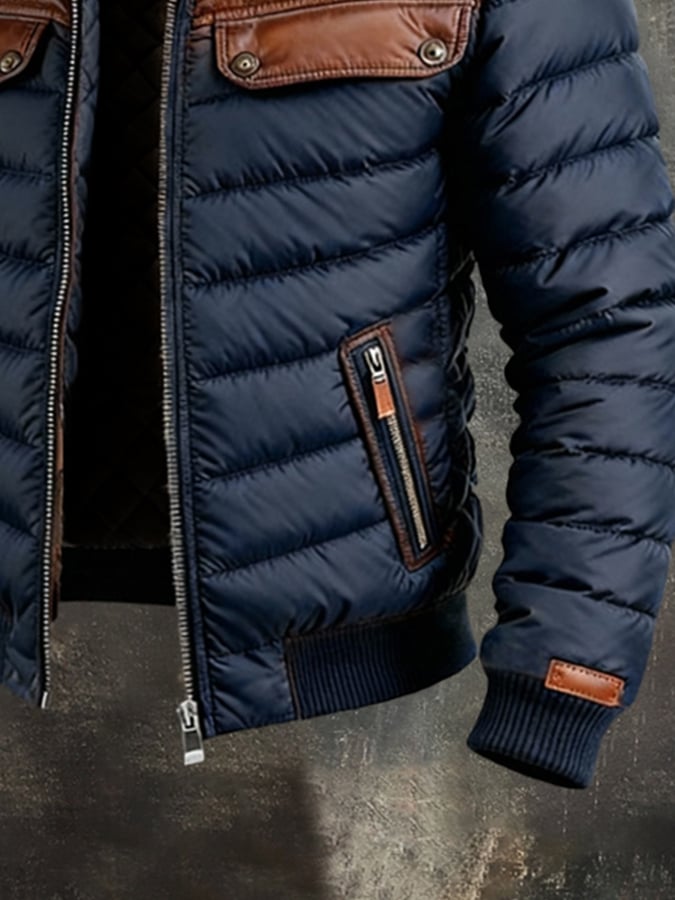 ALEKSANDER™ | NAVY QUILTED JACKET WITH LEATHER INSERTS