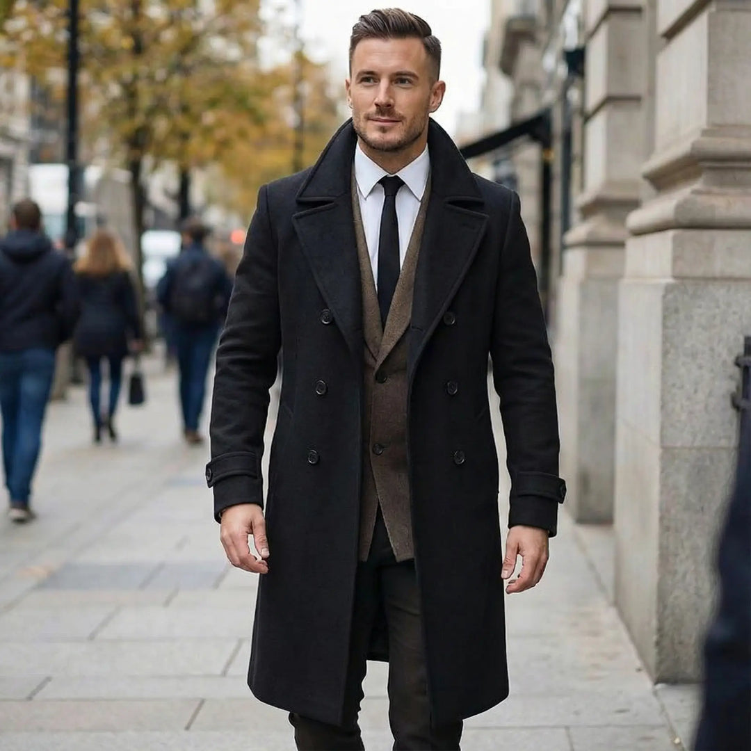 Sawyer | Solid Notch Lapel Double-Breasted Long Coat