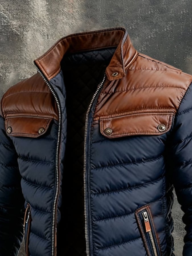 ALEKSANDER™ | NAVY QUILTED JACKET WITH LEATHER INSERTS