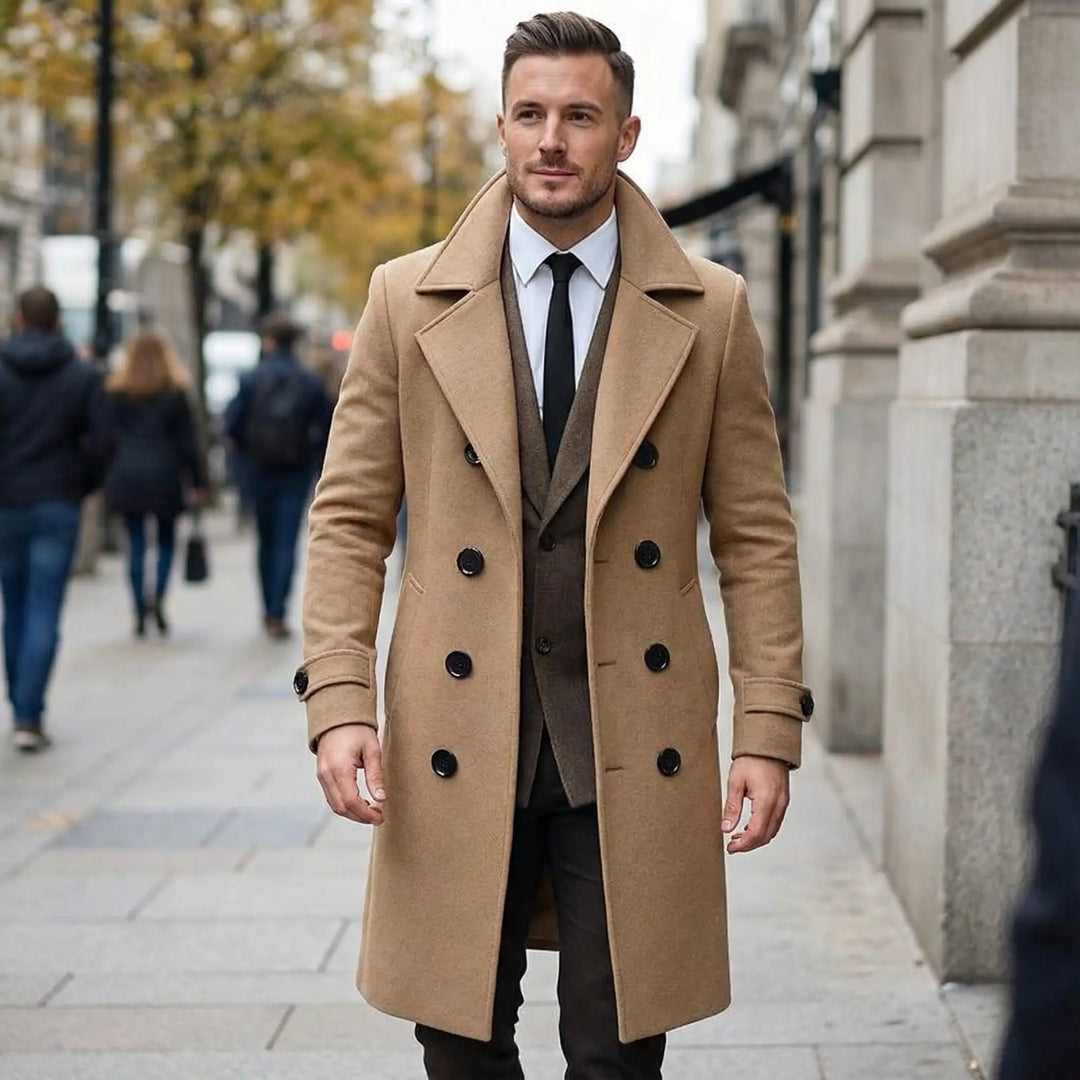 Sawyer | Solid Notch Lapel Double-Breasted Long Coat