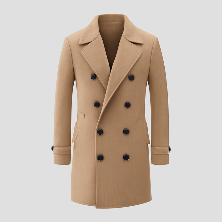 Sawyer | Solid Notch Lapel Double-Breasted Long Coat