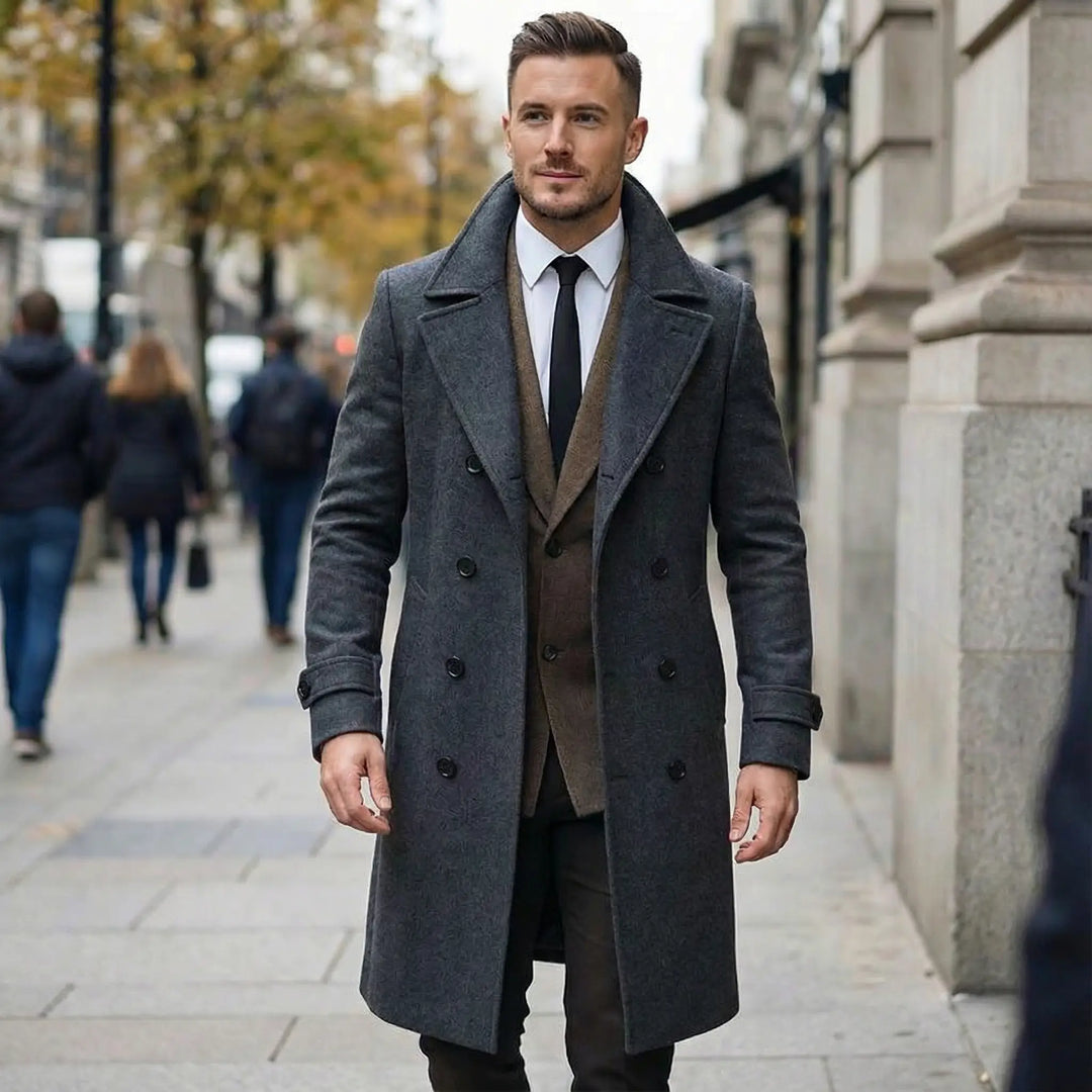 Sawyer | Solid Notch Lapel Double-Breasted Long Coat