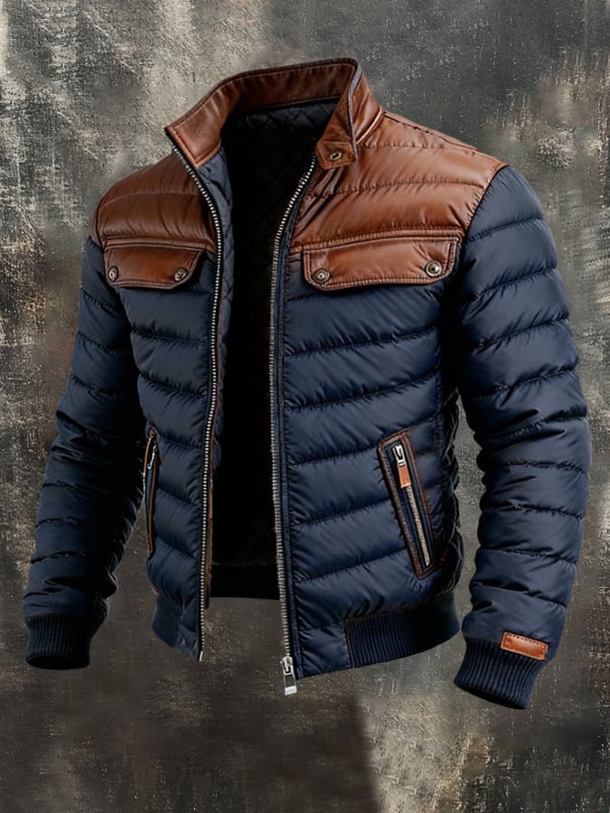 ALEKSANDER™ | NAVY QUILTED JACKET WITH LEATHER INSERTS