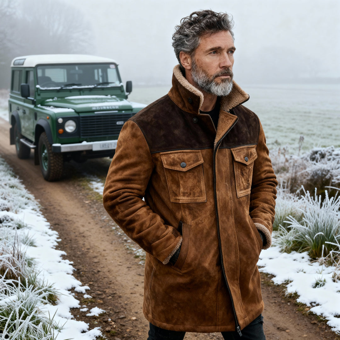 Declan | Colorblock Suede and Polar Fleece Lapel Mid-Length Coat