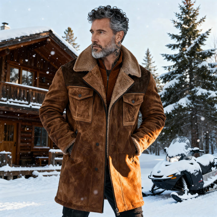 Declan | Colorblock Suede and Polar Fleece Lapel Mid-Length Coat