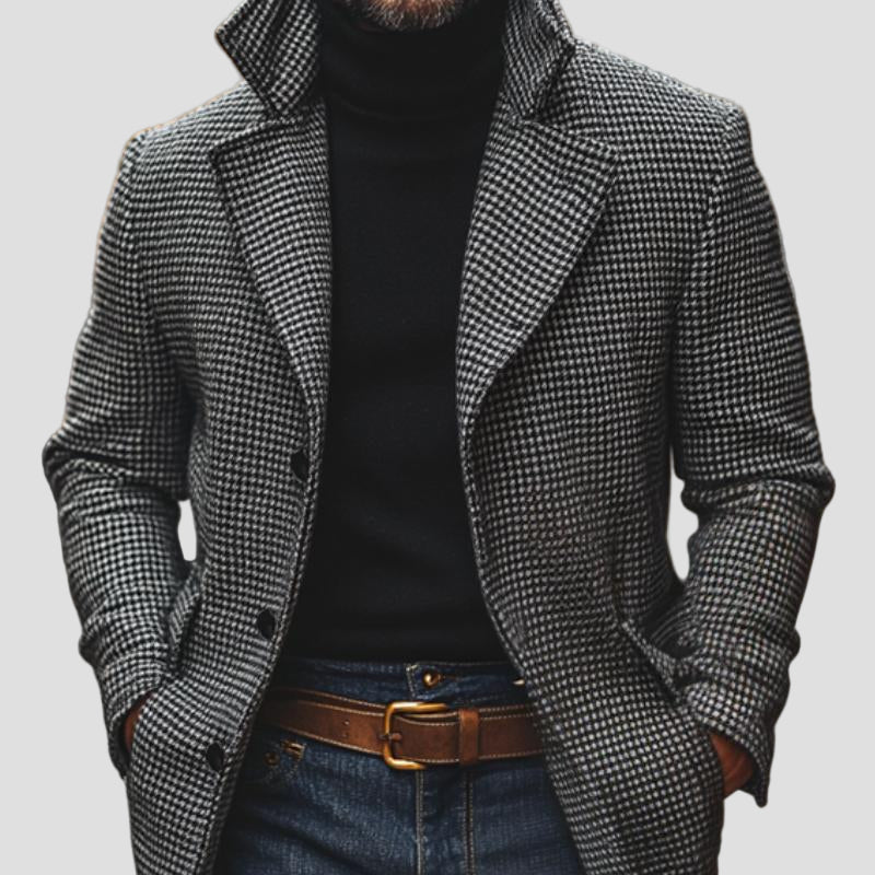 Asher | Classic Houndstooth Notch Lapel Single-Breasted Mid-Length Coat