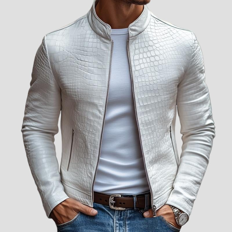 Nolan | Fashion Stone Pattern Stand Collar Slim Fit Leather Jacket