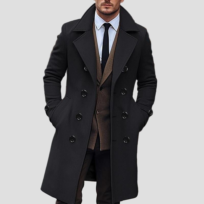 Sawyer | Solid Notch Lapel Double-Breasted Long Coat