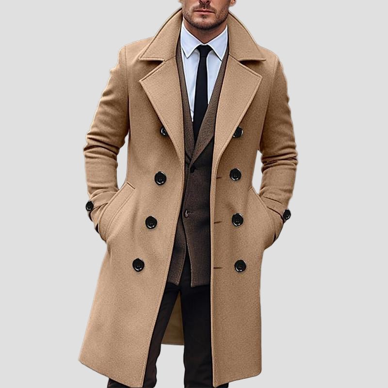 Sawyer | Solid Notch Lapel Double-Breasted Long Coat